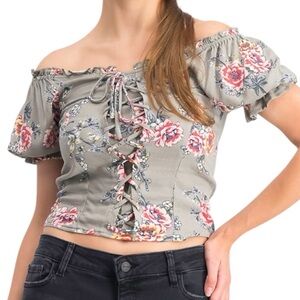 🆕 Cravefame by Almost Famous Floral Off-the-Shoulder Lace-Up Top